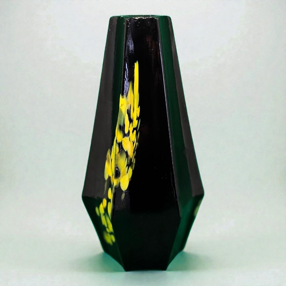 Vintage Art Deco Glass Vase Black Amethyst Yellow Splatter Hexagon 6.25"